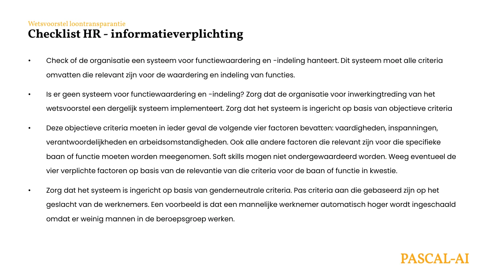 Checklist HR, informatieverplichting: functiewaardering en -indeling.